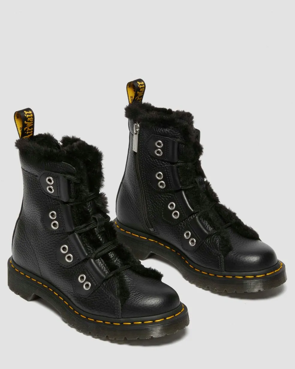 1460 Faux Fur Lined Leather Lace Up Boots in Black