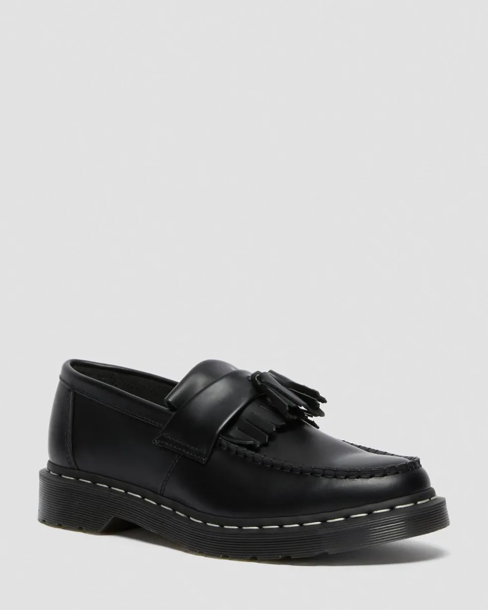 Adrian White Stitch Smooth Leather Loafers in Black