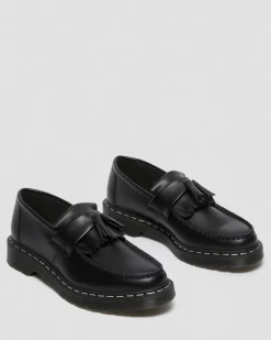 Adrian White Stitch Smooth Leather Loafers in Black