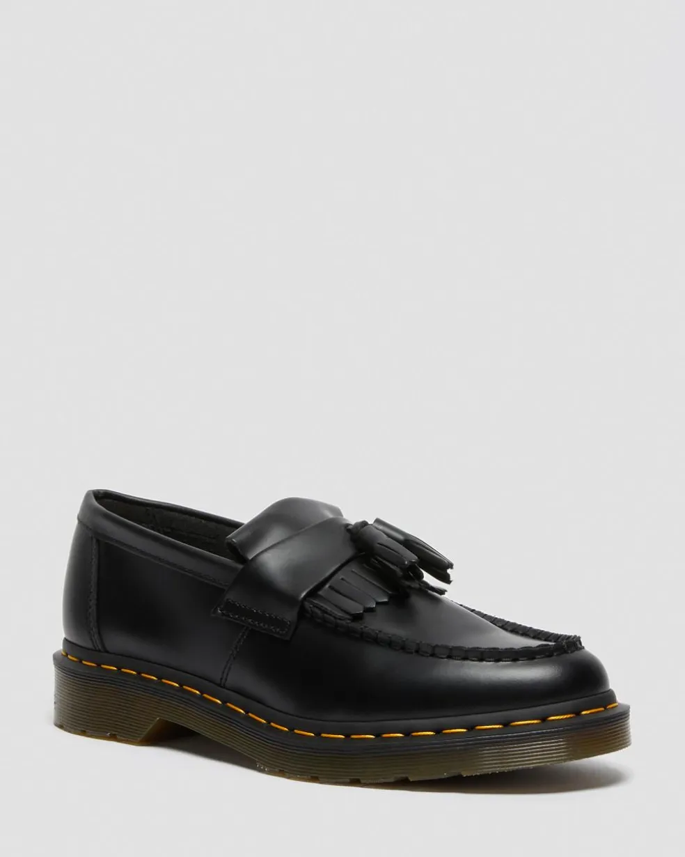 Adrian Yellow Stitch Leather Tassel Loafers in Black