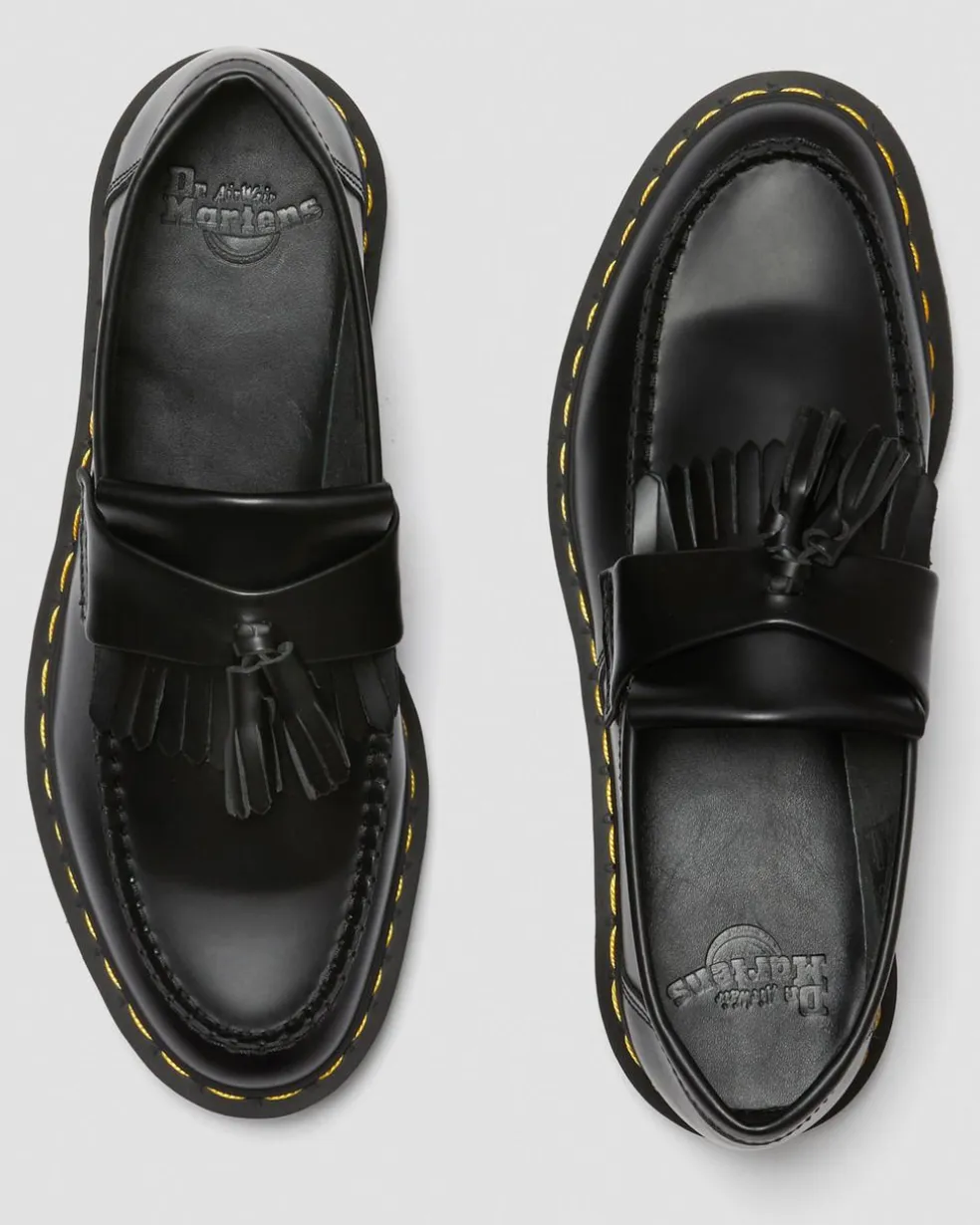 Adrian Yellow Stitch Leather Tassel Loafers in Black