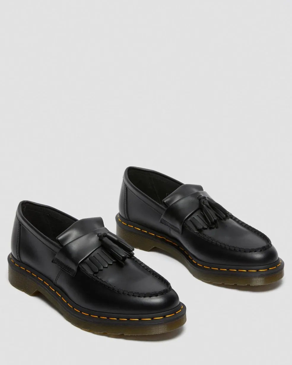 Adrian Yellow Stitch Leather Tassel Loafers in Black