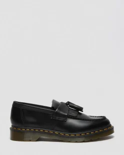 Adrian Yellow Stitch Leather Tassel Loafers in Black