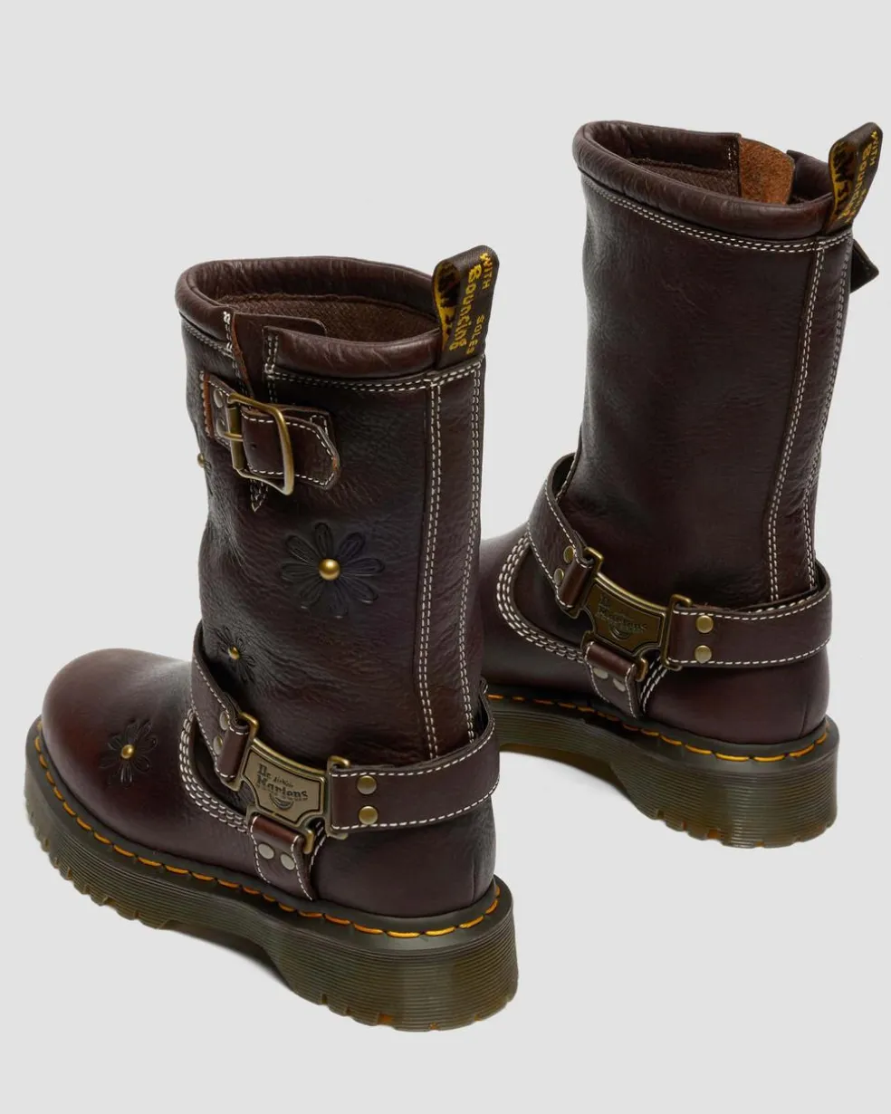 Anistone Hi Flower Leather Biker Boots in Dark Brown