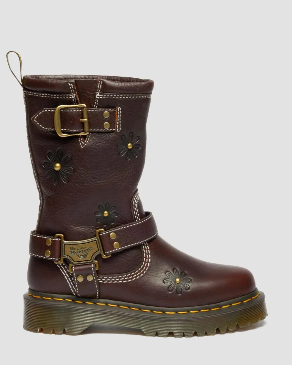 Anistone Hi Flower Leather Biker Boots in Dark Brown