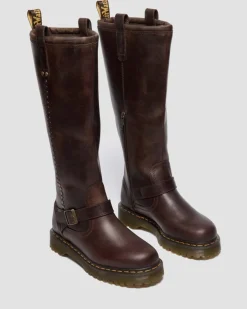 Anistone Knee High Crazy Horse Leather Biker Boots in Dark Brown
