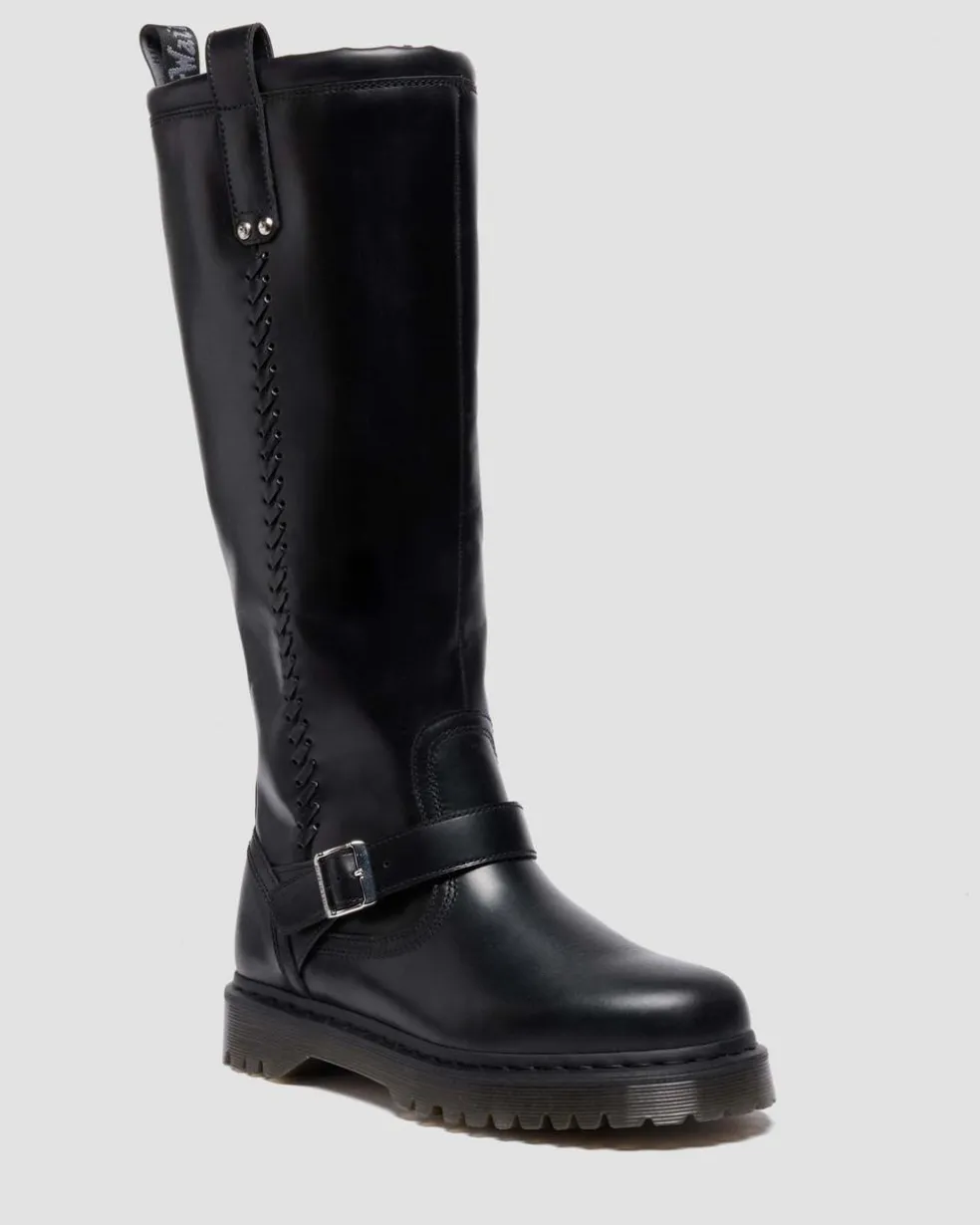 Anistone Knee High Orleans Leather Biker Boots in Black