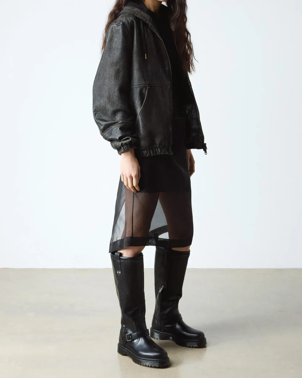 Anistone Knee High Orleans Leather Biker Boots in Black