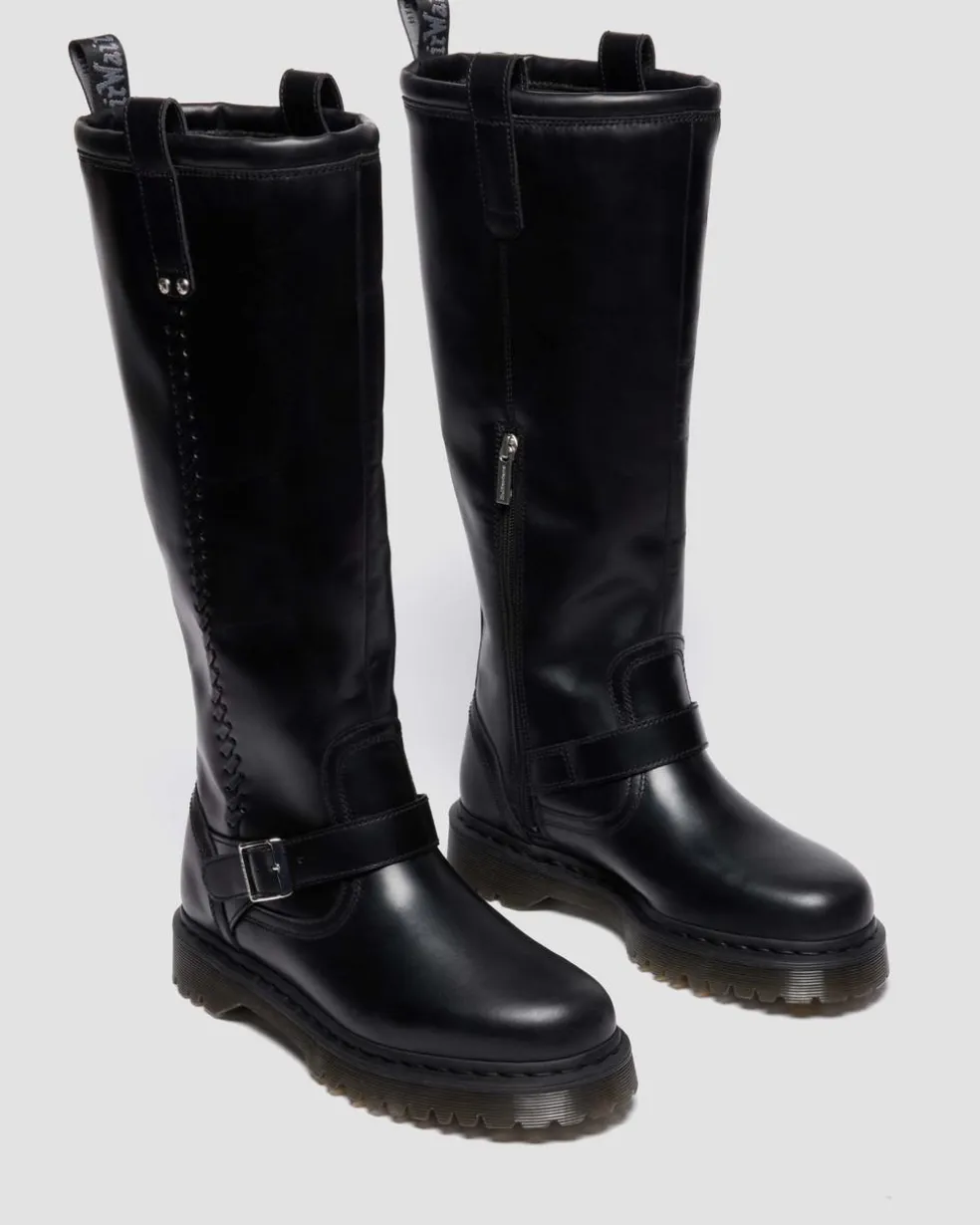 Anistone Knee High Orleans Leather Biker Boots in Black