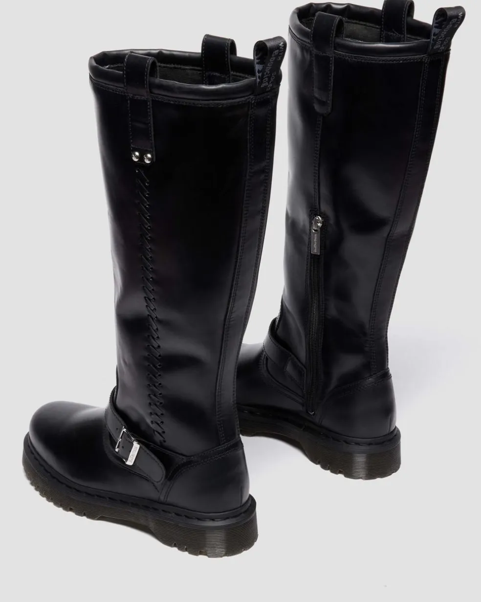 Anistone Knee High Orleans Leather Biker Boots in Black