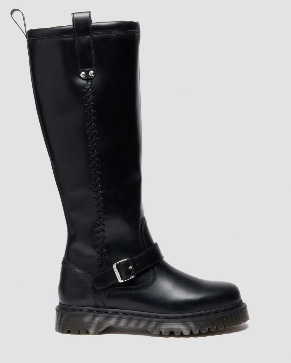 Anistone Knee High Orleans Leather Biker Boots in Black