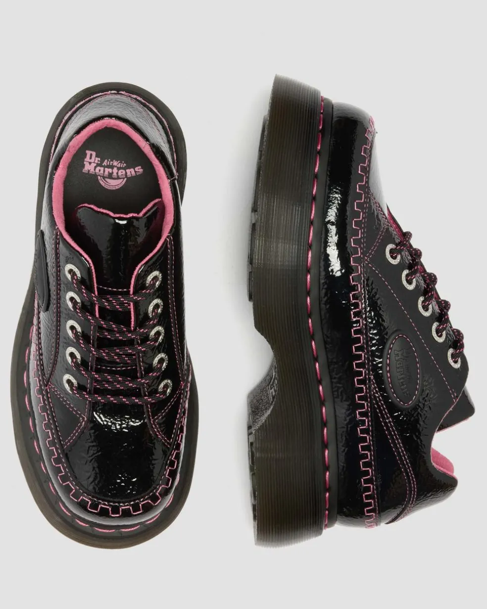 Buzz 5-Eye Distressed Patent Leather Shoes in Black