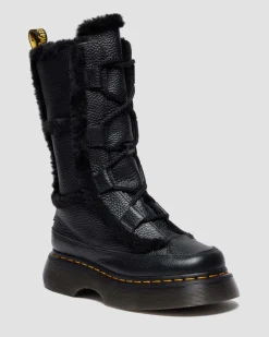 Buzz Lace Up Faux Fur Lined Grizzly Leather Boots in Black