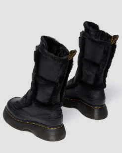 Buzz Lace Up Faux Fur Lined Grizzly Leather Boots in Black