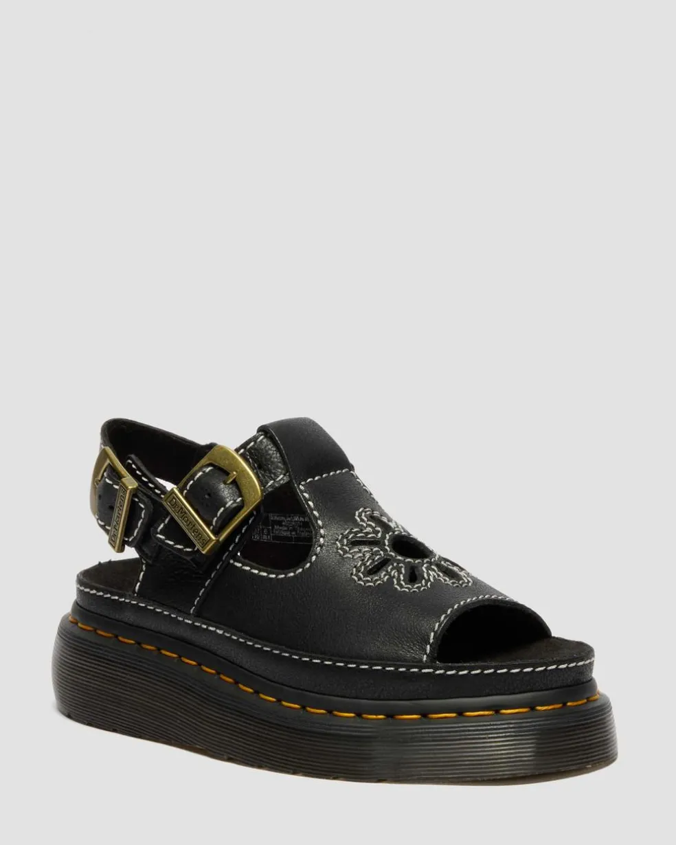 Dunnet Flower Full Grain Leather Sandals in Black