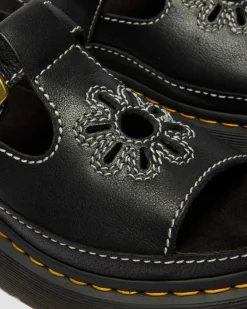 Dunnet Flower Full Grain Leather Sandals in Black