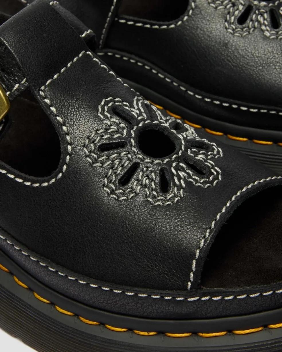 Dunnet Flower Full Grain Leather Sandals in Black