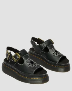 Dunnet Flower Full Grain Leather Sandals in Black