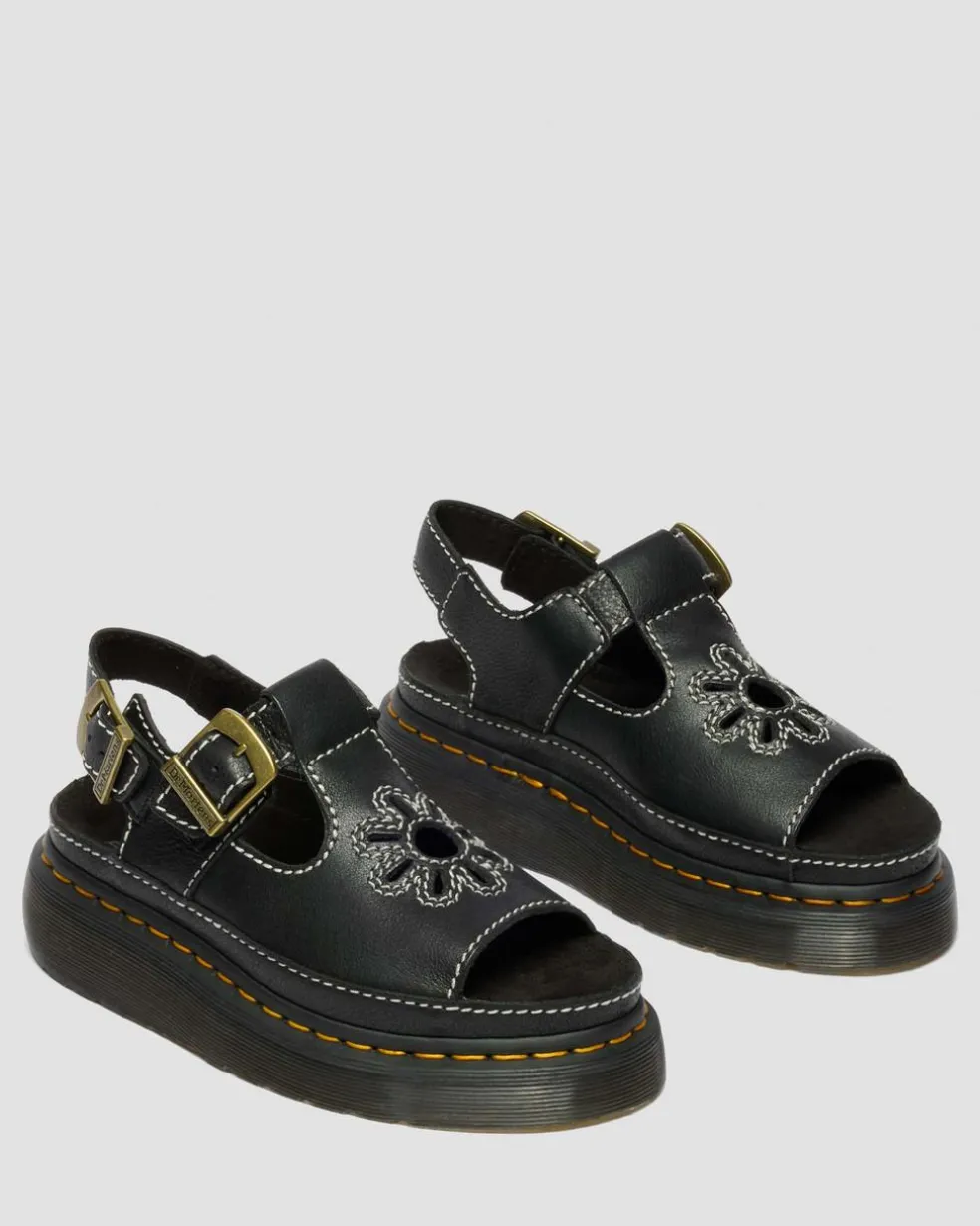 Dunnet Flower Full Grain Leather Sandals in Black
