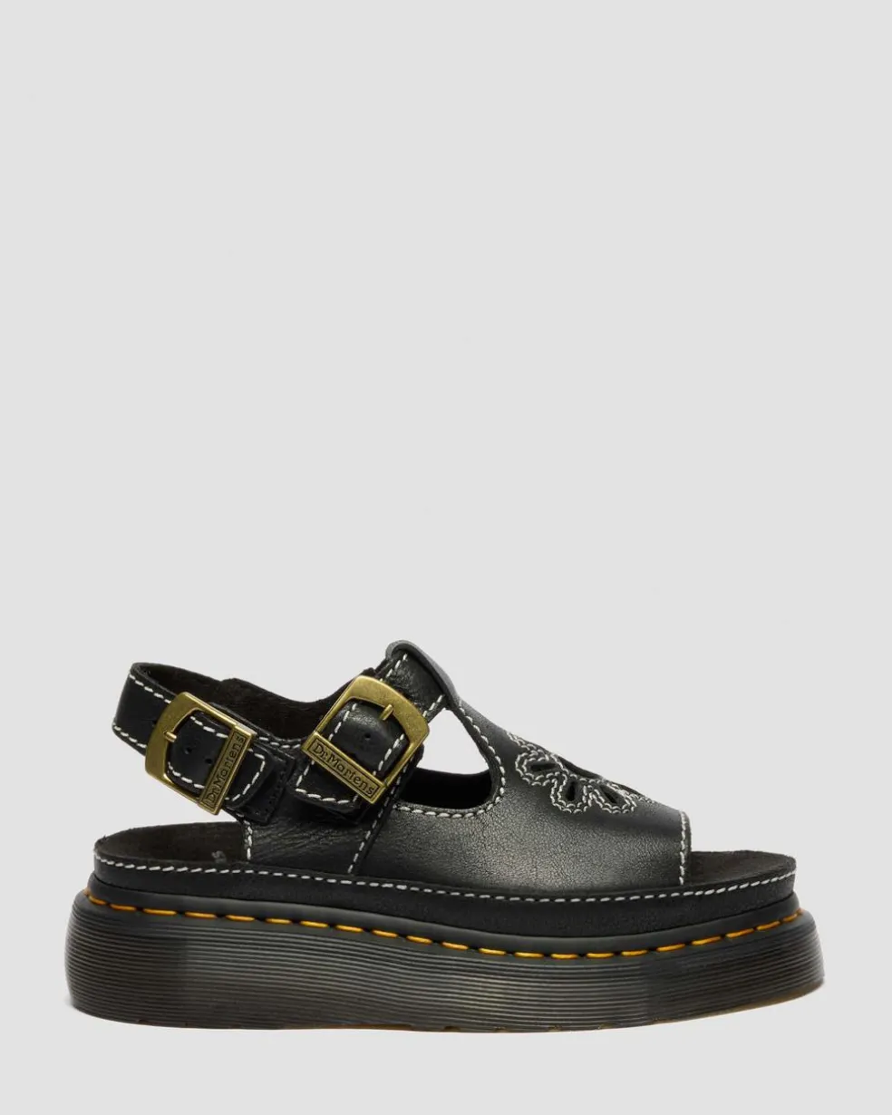 Dunnet Flower Full Grain Leather Sandals in Black