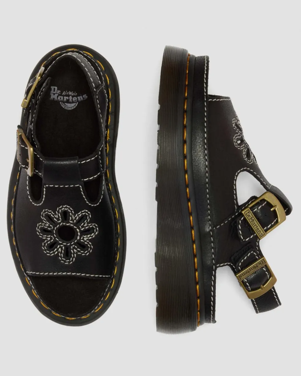 Dunnet Flower Full Grain Leather Sandals in Black