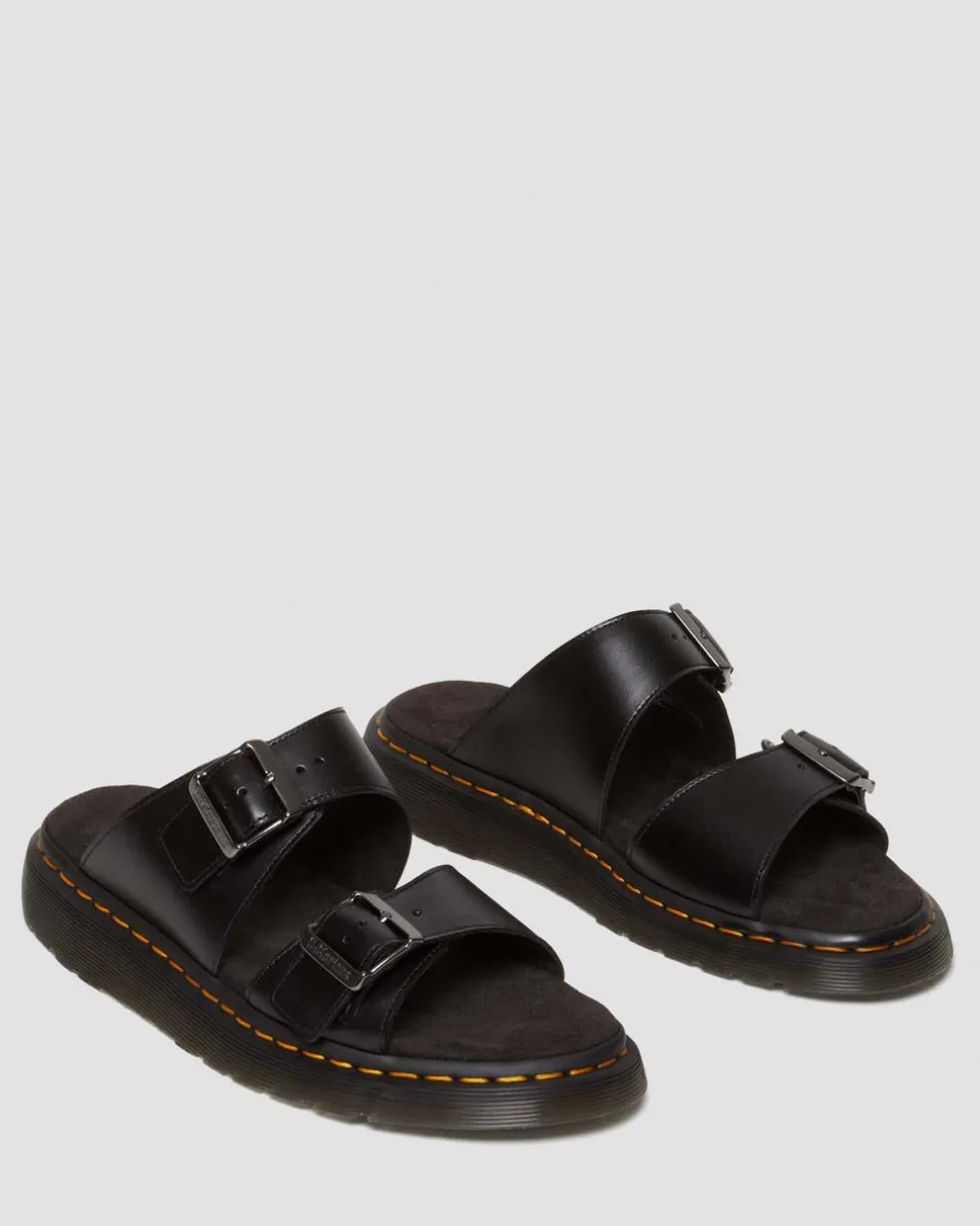 Josef Analine Leather Buckle Slide Sandals in Black