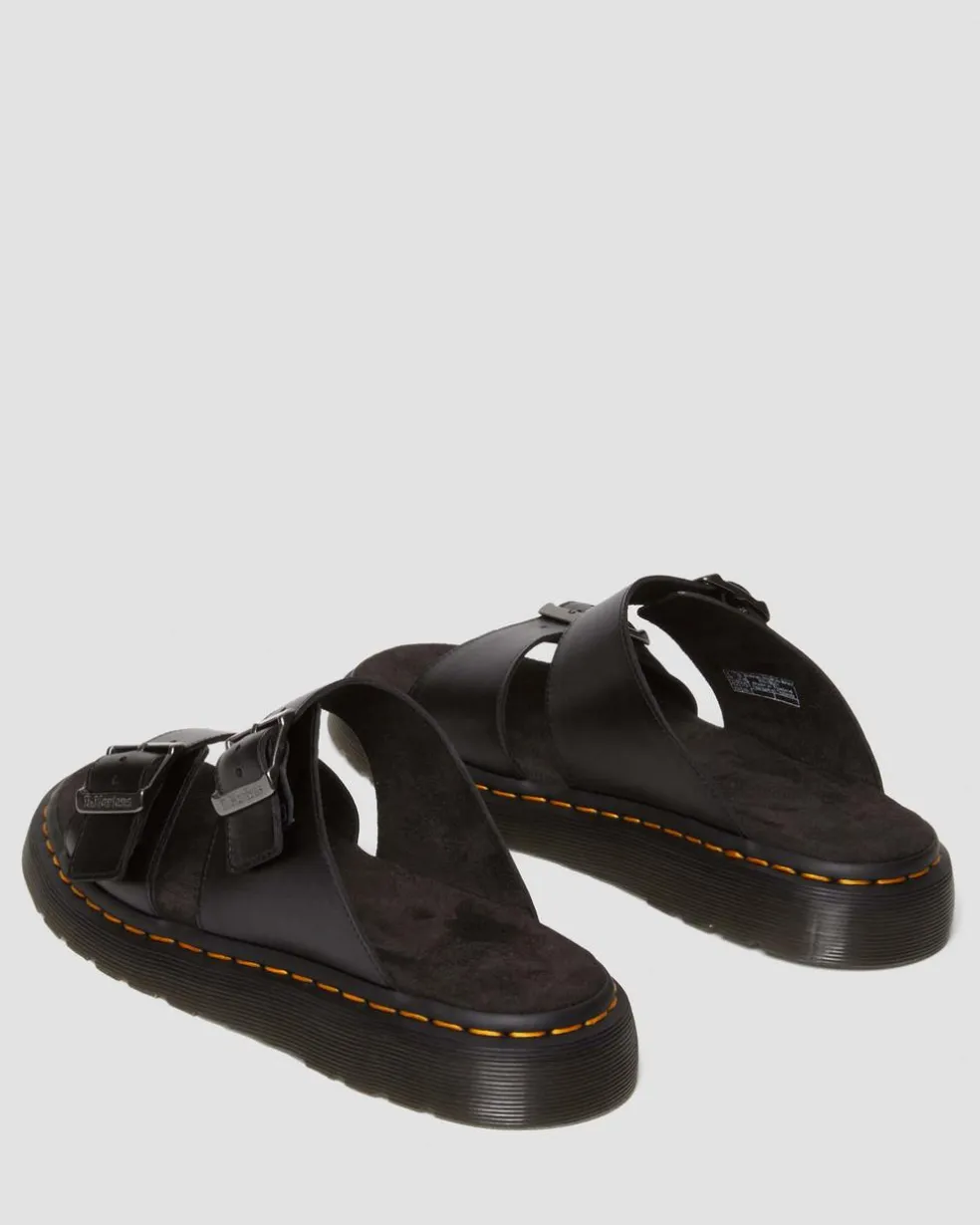 Josef Analine Leather Buckle Slide Sandals in Black