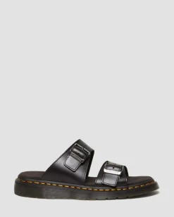 Josef Analine Leather Buckle Slide Sandals in Black