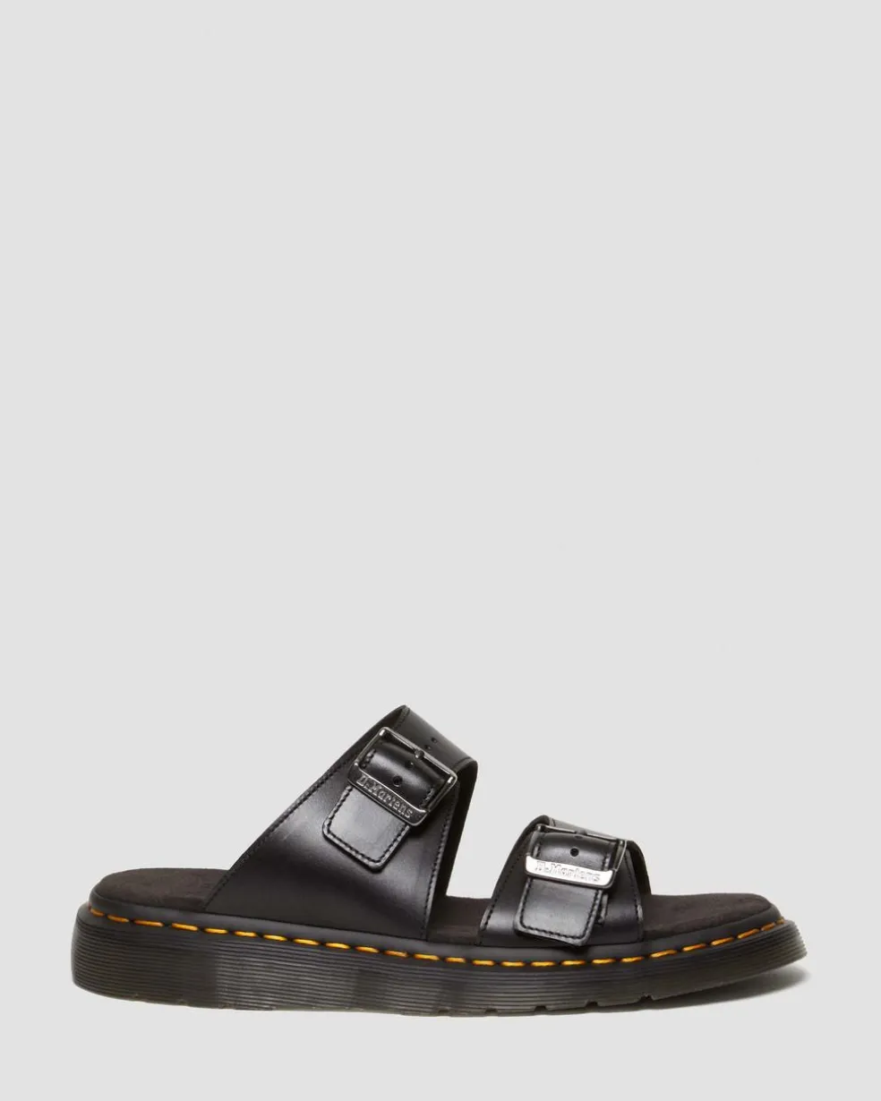 Josef Analine Leather Buckle Slide Sandals in Black