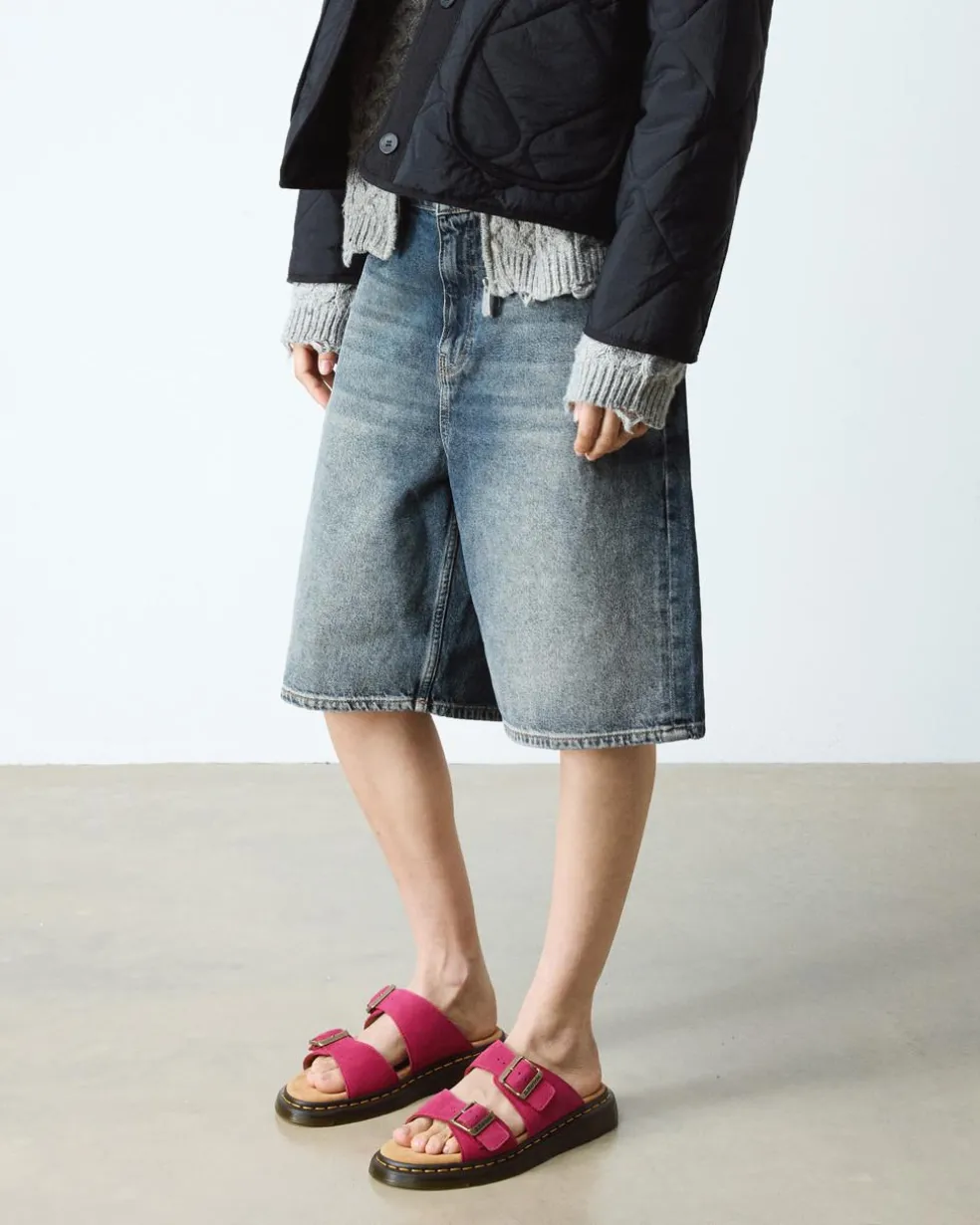 Josef Nubuck Leather Slide Sandals in Fuchsia Pink