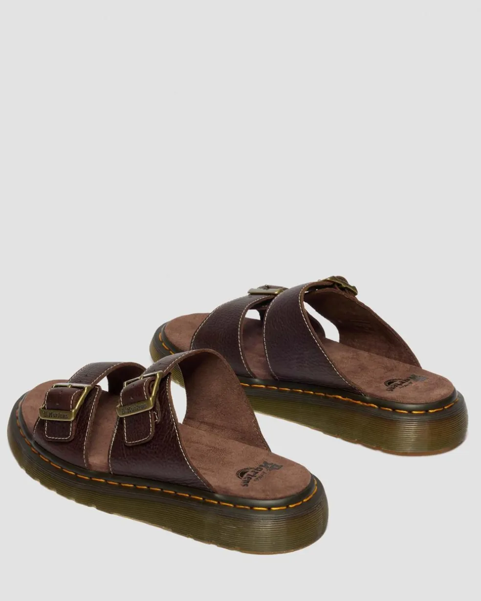 Josef Slide Grizzly Leather Sandals in Dark Brown