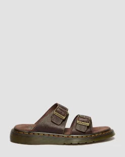 Josef Slide Grizzly Leather Sandals in Dark Brown