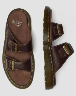 Josef Slide Grizzly Leather Sandals in Dark Brown