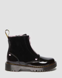 Junior Heart Nappa Patent Leather Pull-on Boots in Black