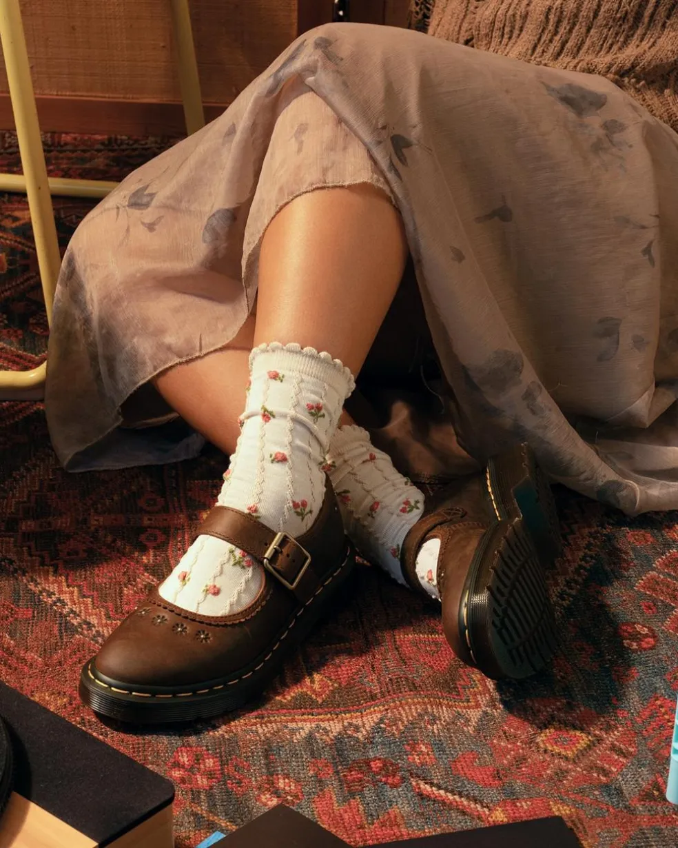 Mary Jane Flower Crazy Horse Leather Shoes in Dark Brown
