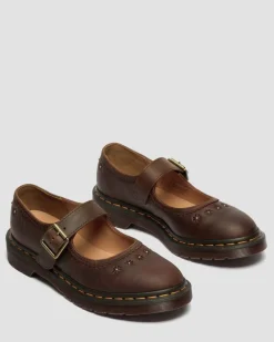 Mary Jane Flower Crazy Horse Leather Shoes in Dark Brown