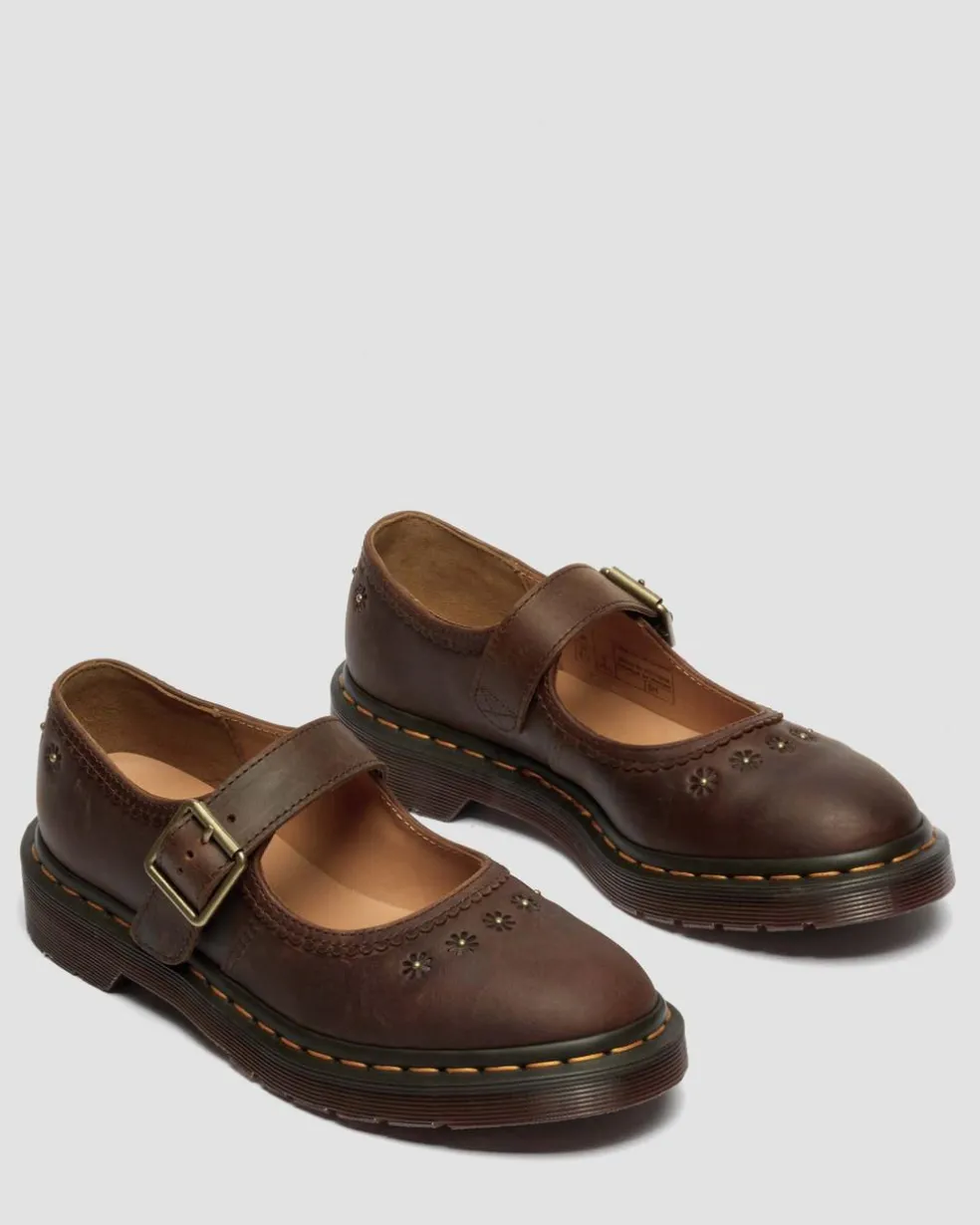 Mary Jane Flower Crazy Horse Leather Shoes in Dark Brown