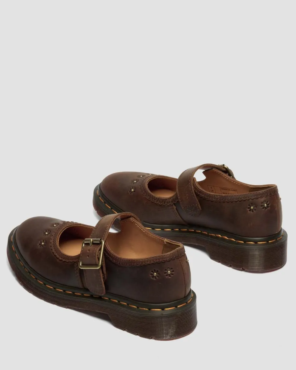 Mary Jane Flower Crazy Horse Leather Shoes in Dark Brown