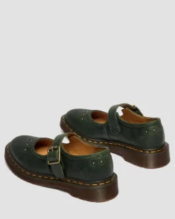 Mary Jane Flower Crazy Horse Leather Shoes in Dms Green
