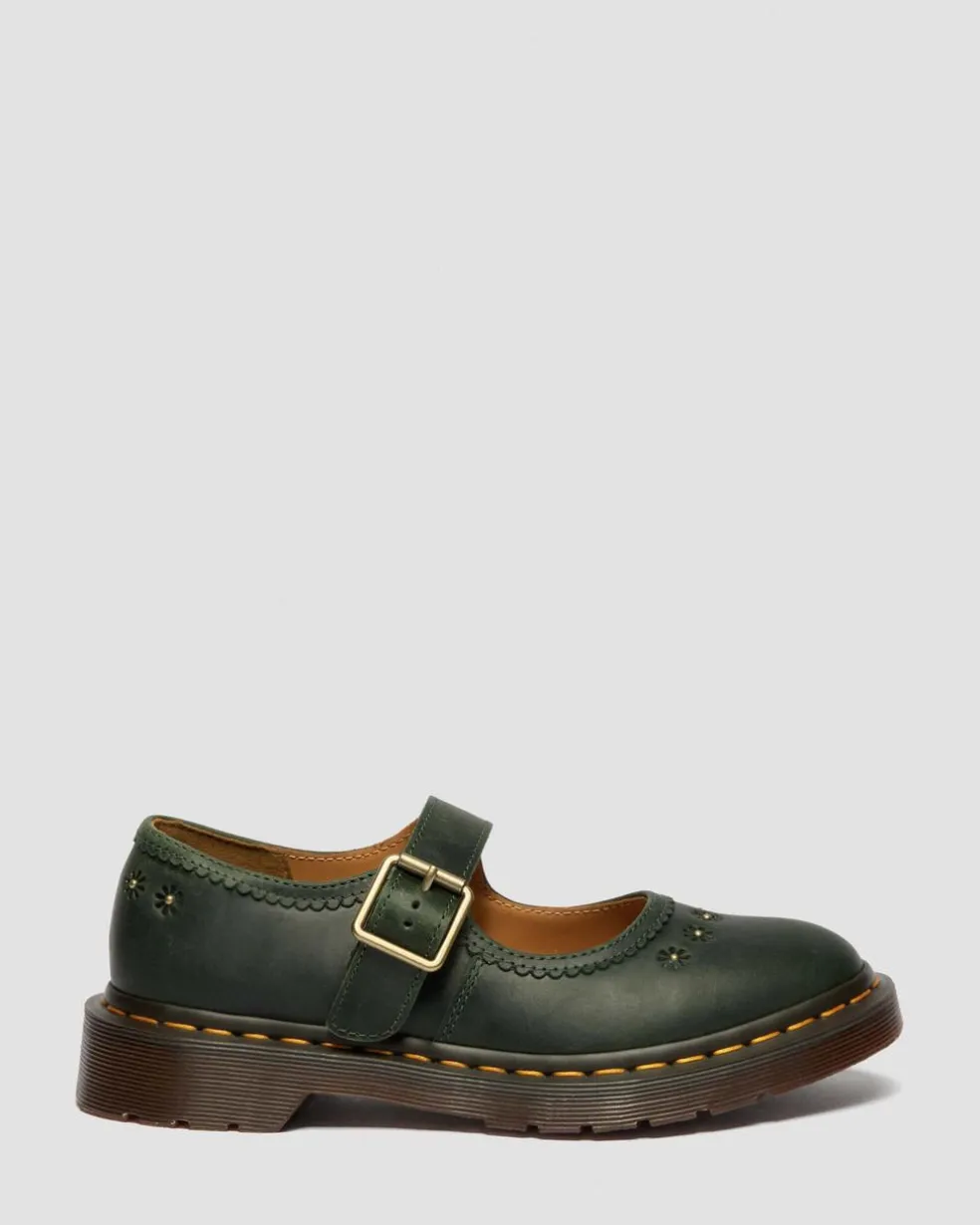 Mary Jane Flower Crazy Horse Leather Shoes in Dms Green