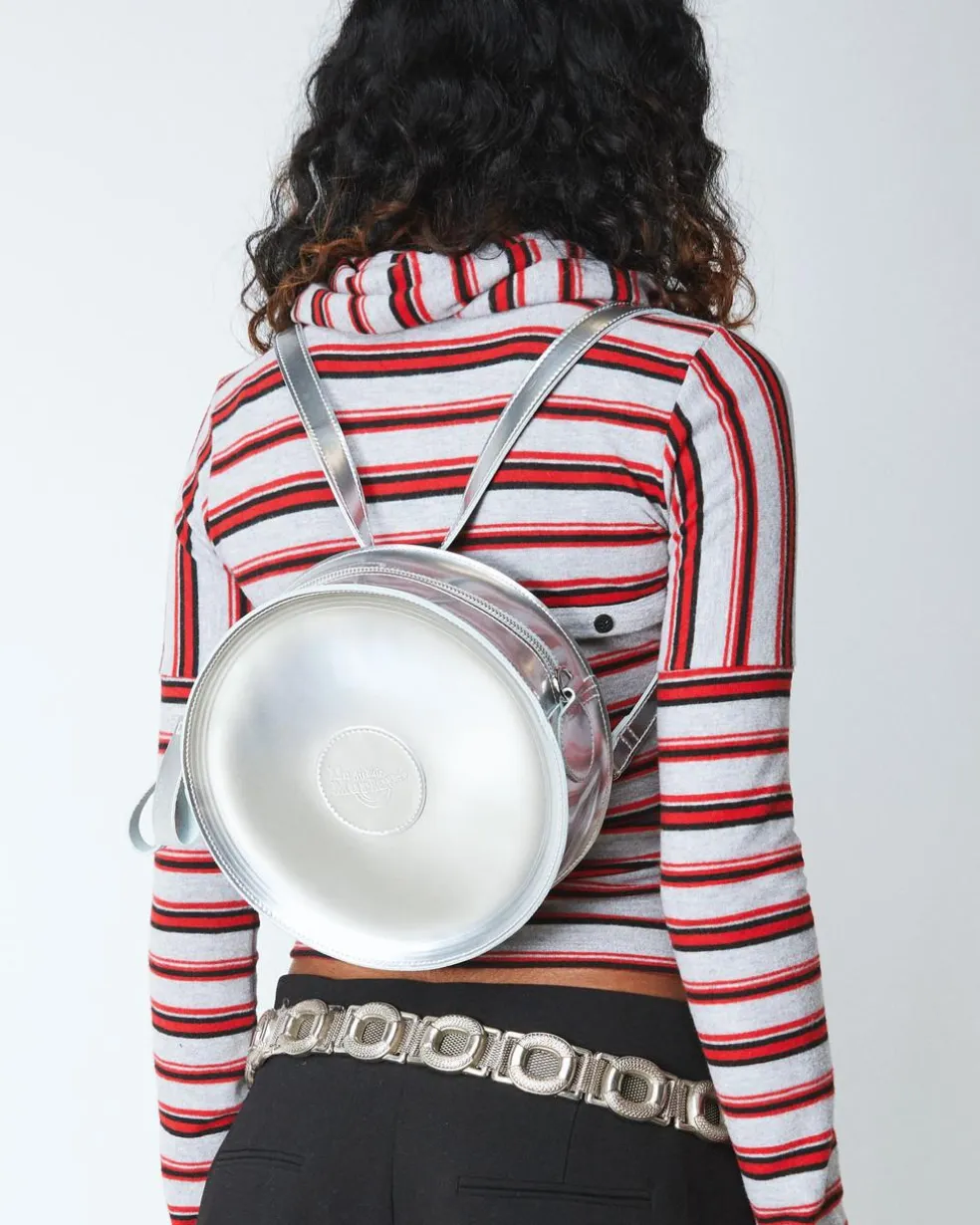 Metallic Round Backpack in Silver Metallic
