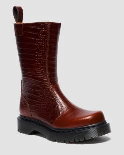 REJENA CROC EMBOSS LEATHER BOOTS in Mocha Brown