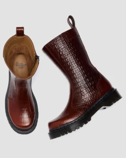 REJENA CROC EMBOSS LEATHER BOOTS in Mocha Brown