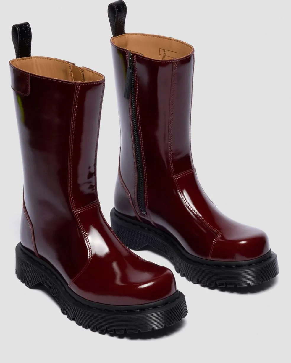 Rejena Lacquered Leather Boots in Cherry Red