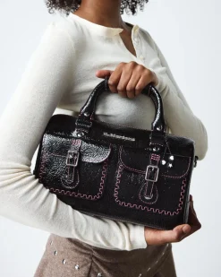 Top Handle Distressed Patent Leather Bag in Black