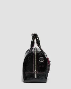 Top Handle Distressed Patent Leather Bag in Black
