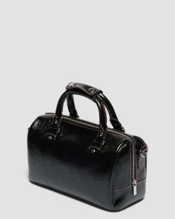 Top Handle Distressed Patent Leather Bag in Black