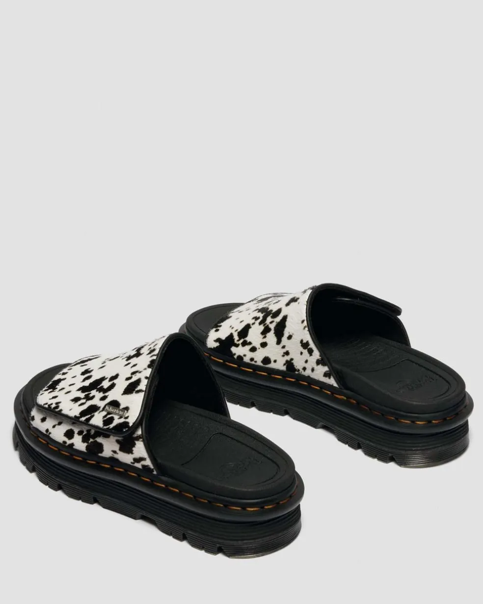 Zebzag Dalmatian Hair On Leather Platform Slides in Cream & Black