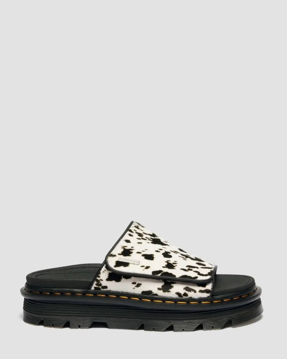 Zebzag Dalmatian Hair On Leather Platform Slides in Cream & Black