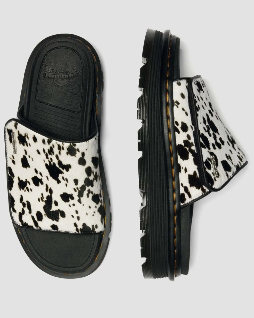 Zebzag Dalmatian Hair On Leather Platform Slides in Cream & Black